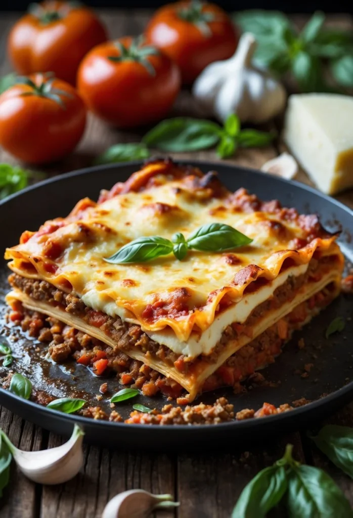 v2 12emch s8aub A freshly baked lasagna with melted cheese and basil garnish on a wooden table surrounded by fresh ingredients.