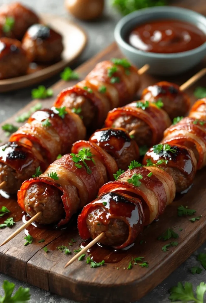 v2 12i3xs vmbzm Close-up of bacon-wrapped BBQ meatball skewers on a wooden platter with a bowl of BBQ sauce.