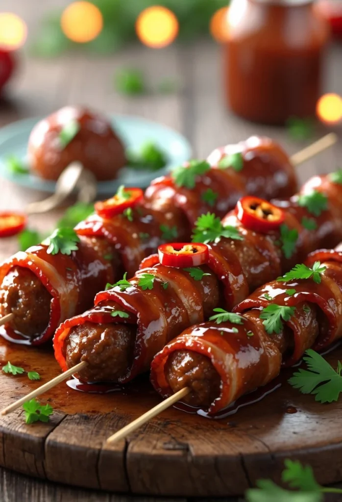 v2 12i3y7 i0zjh A platter of bacon-wrapped BBQ meatball skewers garnished with herbs and chili slices on a wooden table.