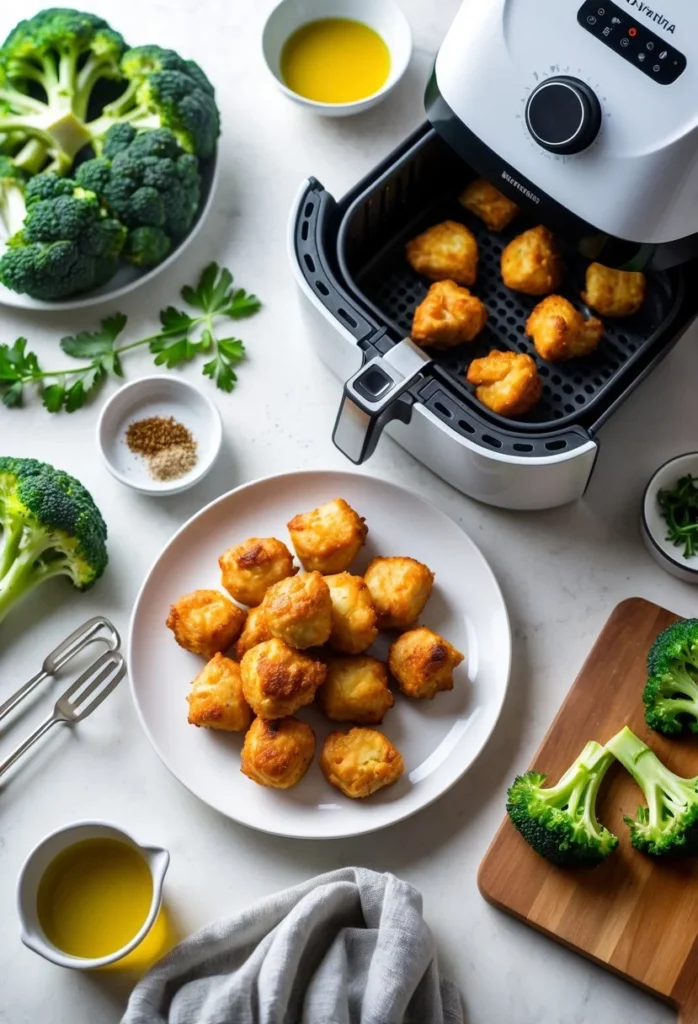 Air Fryer Chicken Bites and Broccoli 1 A kitchen countertop with cooked crispy chicken bites and fresh broccoli on a plate, an open air fryer basket with chicken inside, and cooking ingredients and utensils nearby.