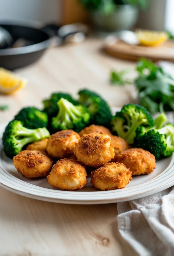 Air Fryer Chicken Bites and Broccoli 2 Plate of crispy air fryer chicken bites and steamed broccoli on a wooden table with a blurred kitchen background.