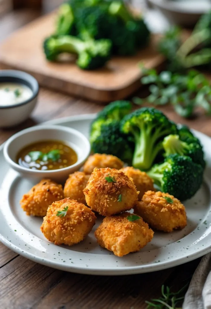 Air Fryer Chicken Bites and Broccoli 3 Plate of crispy air fryer chicken bites served with steamed broccoli and a bowl of dipping sauce on a wooden table.