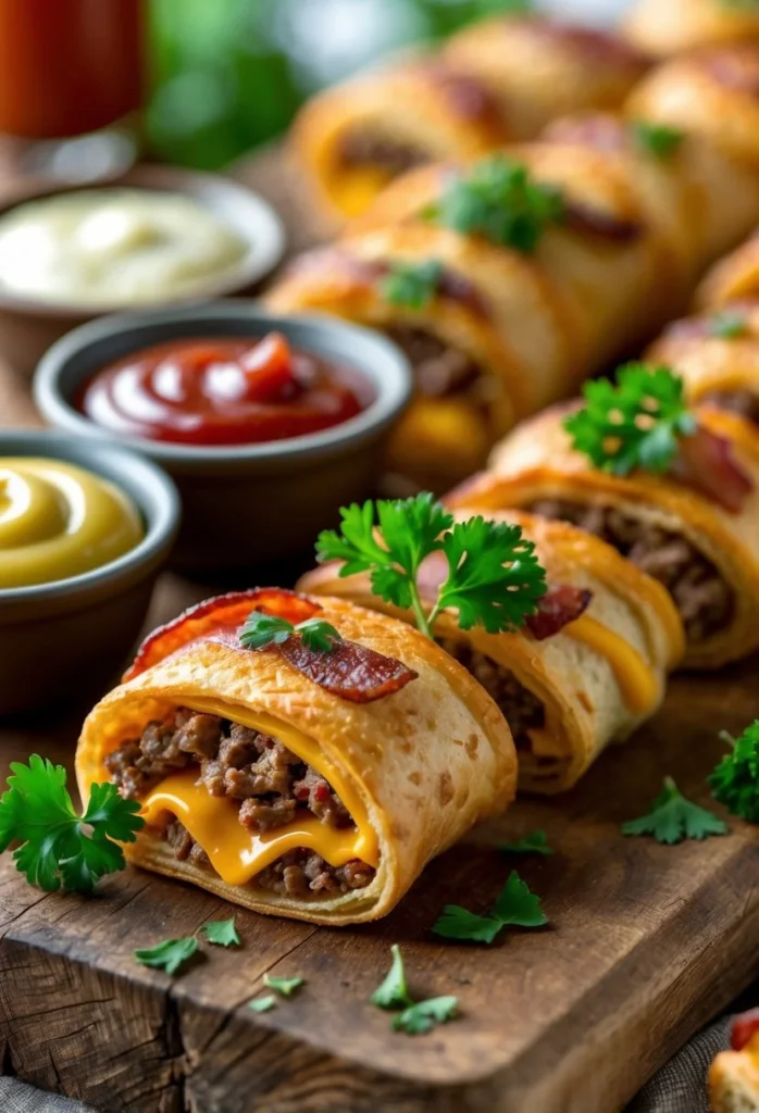 Bacon Cheeseburger Roll Ups 1 A serving board with bacon cheeseburger roll-ups, garnished with parsley and accompanied by bowls of ketchup and mustard.