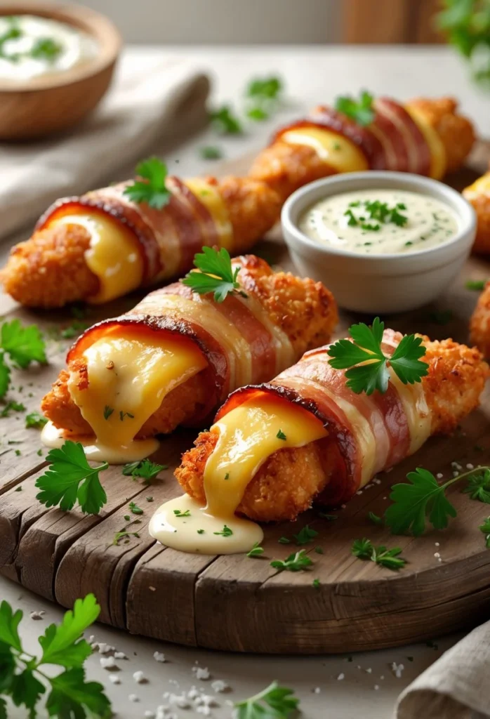 Bacon Wrapped Cheesy Ranch Chicken Tenders 1 A serving board with bacon-wrapped cheesy chicken tenders, garnished with parsley and accompanied by a bowl of ranch sauce.