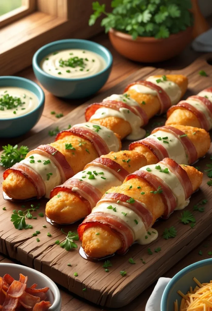 Bacon Wrapped Cheesy Ranch Chicken Tenders 2 A plate of bacon-wrapped cheesy ranch chicken tenders on a wooden board with small bowls of ranch dressing, shredded cheese, and bacon bits nearby.