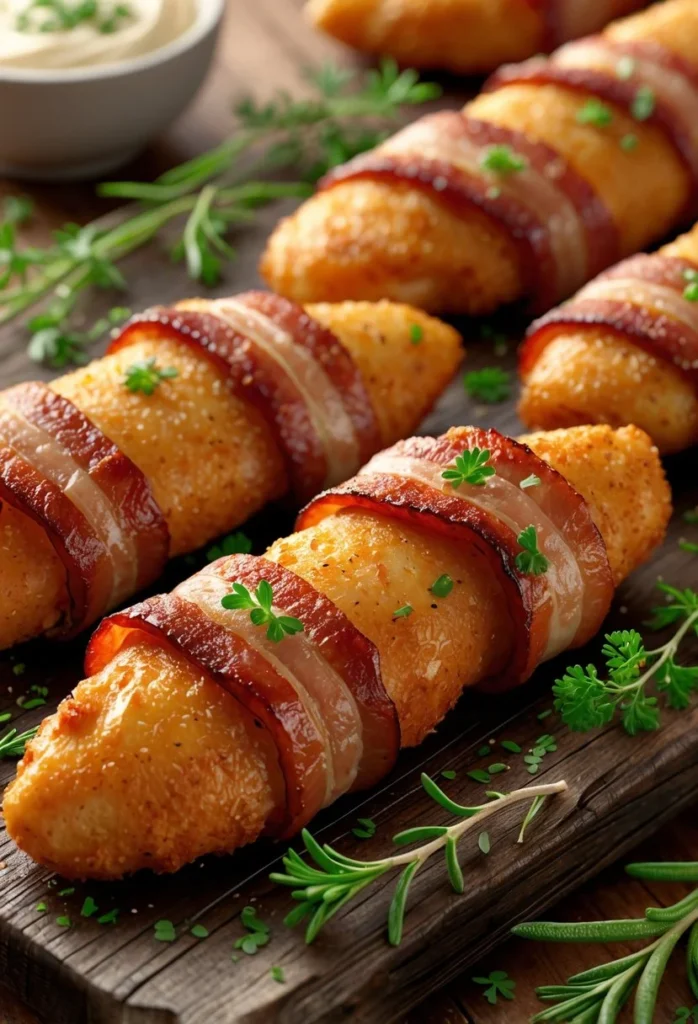 Bacon Wrapped Chicken Tenders 1 Close-up of crispy bacon-wrapped chicken tenders on a wooden board with fresh herbs and a bowl of dipping sauce.