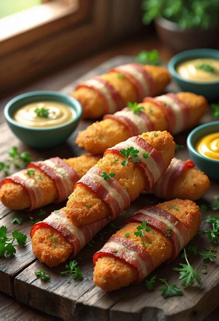 Bacon Wrapped Chicken Tenders 2 A close-up view of crispy bacon-wrapped chicken tenders on a wooden board with fresh herbs and dipping sauces.