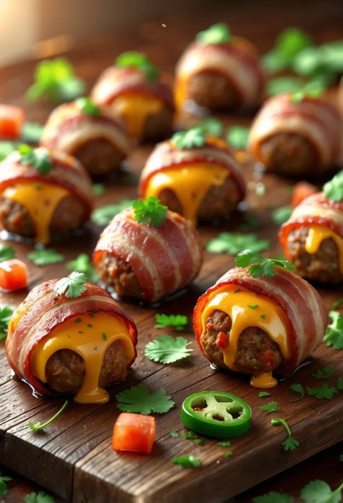 Bacon Wrapped Taco Stuffed Meatballs 1 1 Close-up of bacon-wrapped meatballs stuffed with melted cheese and spicy taco filling, served on a wooden board with garnishes.