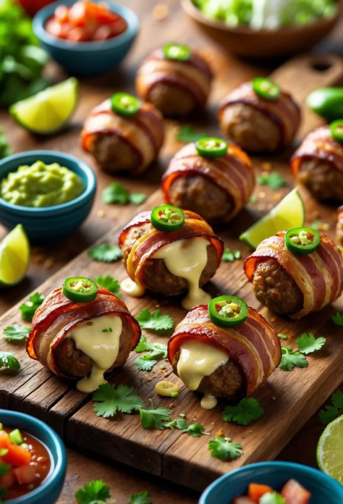 Bacon Wrapped Taco Stuffed Meatballs 2 1 Close-up of bacon-wrapped meatballs stuffed with melted cheese, garnished with cilantro and jalapeños, served with bowls of salsa, guacamole, and sour cream on a wooden board.