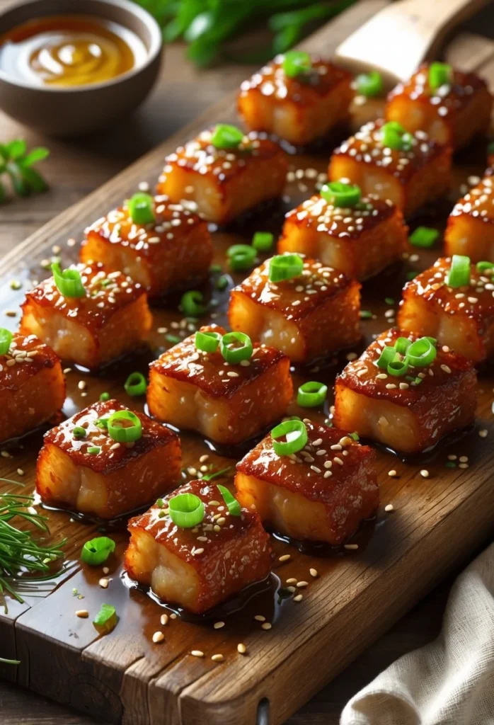 Crispy Honey Garlic Pork Belly Bites Close-up of crispy honey garlic pork belly bites on a wooden board with green onion and sesame seed garnish, accompanied by a small bowl of dipping sauce.