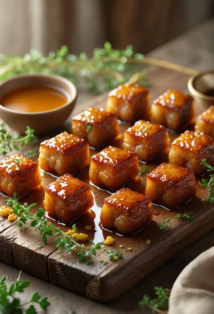 Crispy Honey Garlic Pork Belly Bitesne A close-up of crispy honey garlic pork belly bites on a wooden board with fresh herbs and a small bowl of dipping sauce.