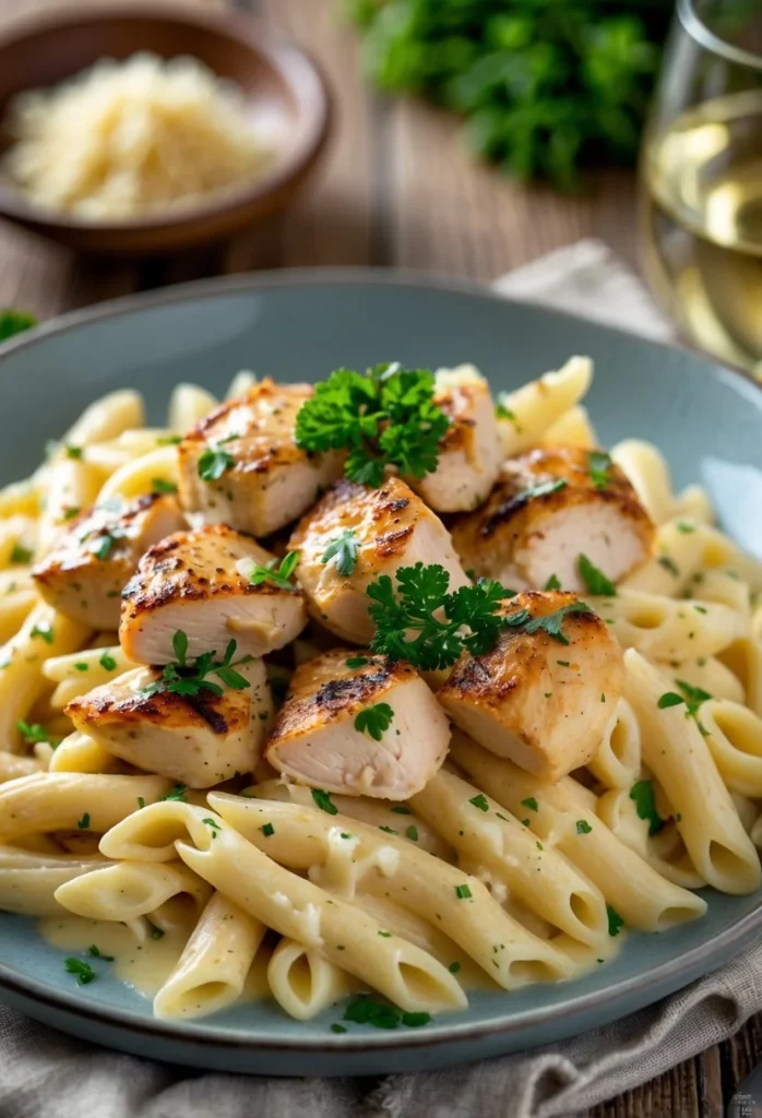 Garlic Butter Chicken Pasta 1 A plate of creamy garlic butter chicken pasta garnished with parsley on a wooden table.