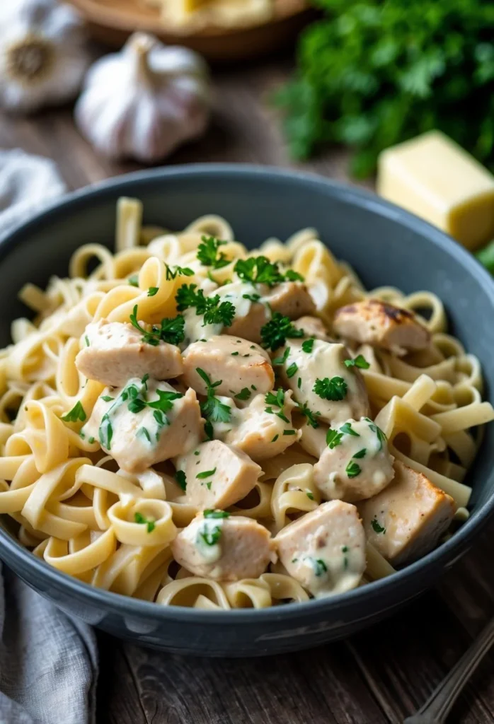 Garlic Butter Chicken Pasta 2 A bowl of creamy garlic butter chicken pasta garnished with chopped parsley on a wooden table.