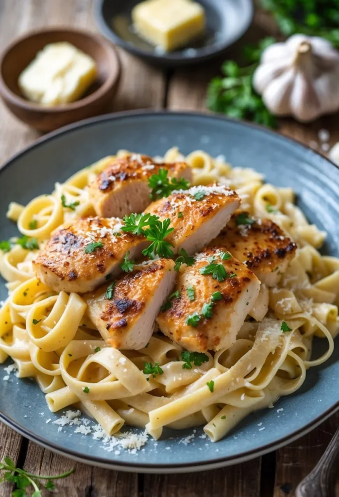 Garlic Butter Chicken Pasta 3 A plate of creamy garlic butter chicken pasta garnished with parsley and Parmesan cheese on a wooden table.