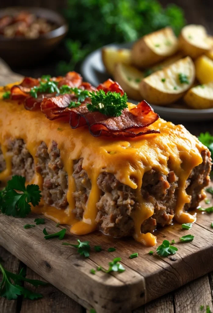 Loaded Potato Meatloaf 1 A loaded potato meatloaf topped with melted cheese and bacon on a wooden cutting board, garnished with green onions.