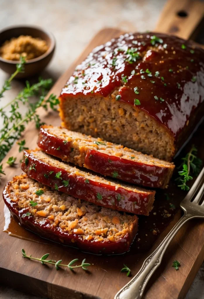 Meatloaf with Brown Sugar Glaze 4 Sliced meatloaf with a shiny brown sugar glaze on a wooden cutting board, garnished with fresh herbs and a fork nearby.