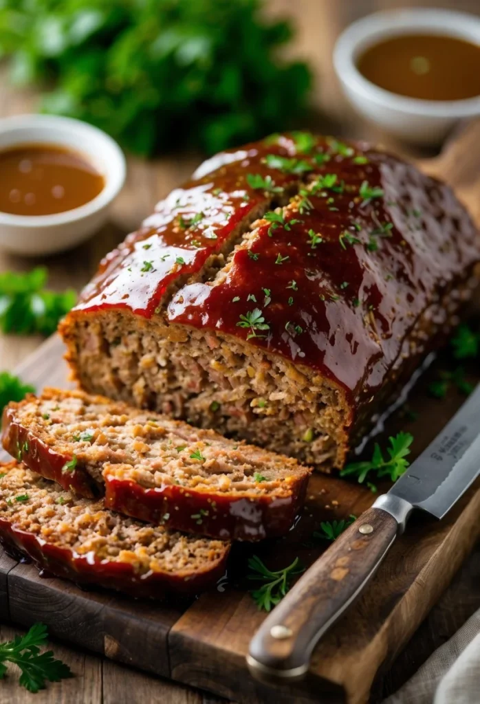 Meatloaf with Brown Sugar Glaze 5 A sliced meatloaf with brown sugar glaze on a wooden cutting board, garnished with parsley and a small bowl of sauce nearby.