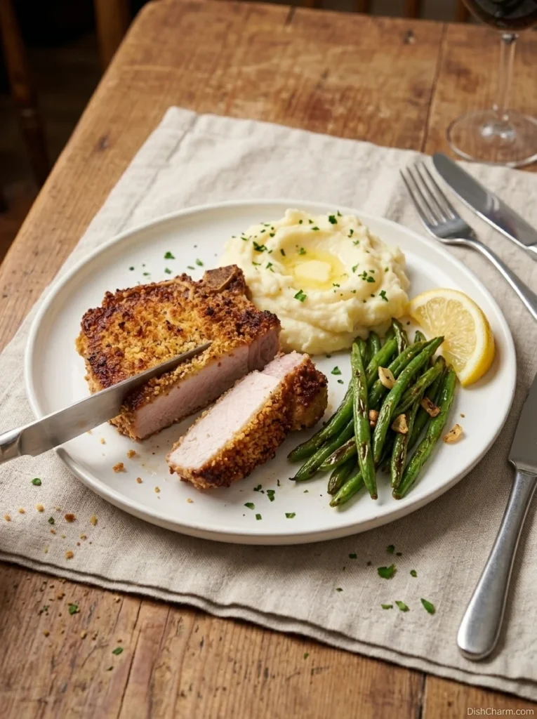 Parmesan Baked Pork Chops 1 Plated Parmesan baked pork chop sliced open with mashed potatoes and green beans on a white dinner plate with a fork and lemon wedge.