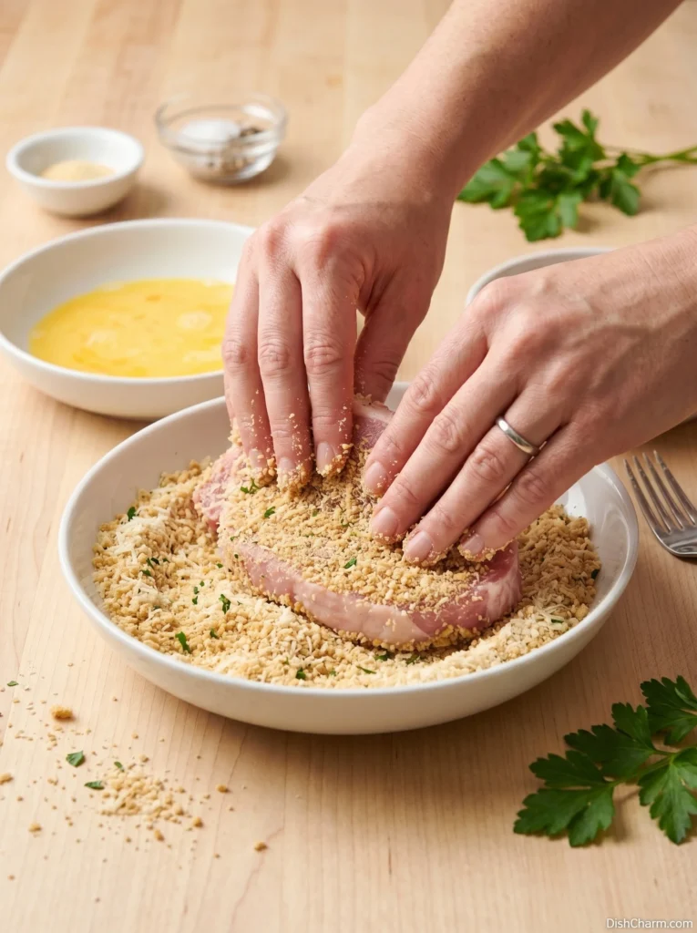 Parmesan Baked Pork Chops 3 Hands pressing Parmesan breadcrumb coating onto a raw pork chop over a breading bowl on a kitchen countertop.