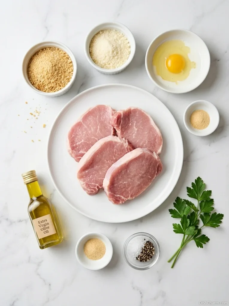 Parmesan Baked Pork Chops 4 Overhead flat-lay of raw ingredients for Parmesan baked pork chops including pork chops, breadcrumbs, Parmesan cheese, egg, and seasonings arranged on a marble surface.