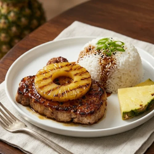 Pineapple Pork Chops 1 Plated pineapple pork chop with caramelized pineapple ring on a white plate served with white rice and green onion garnish.