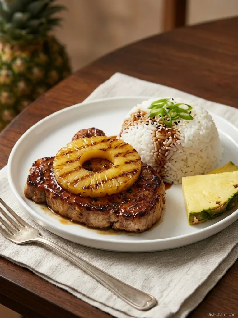 Pineapple Pork Chops 1 Plated pineapple pork chop with caramelized pineapple ring on a white plate served with white rice and green onion garnish.