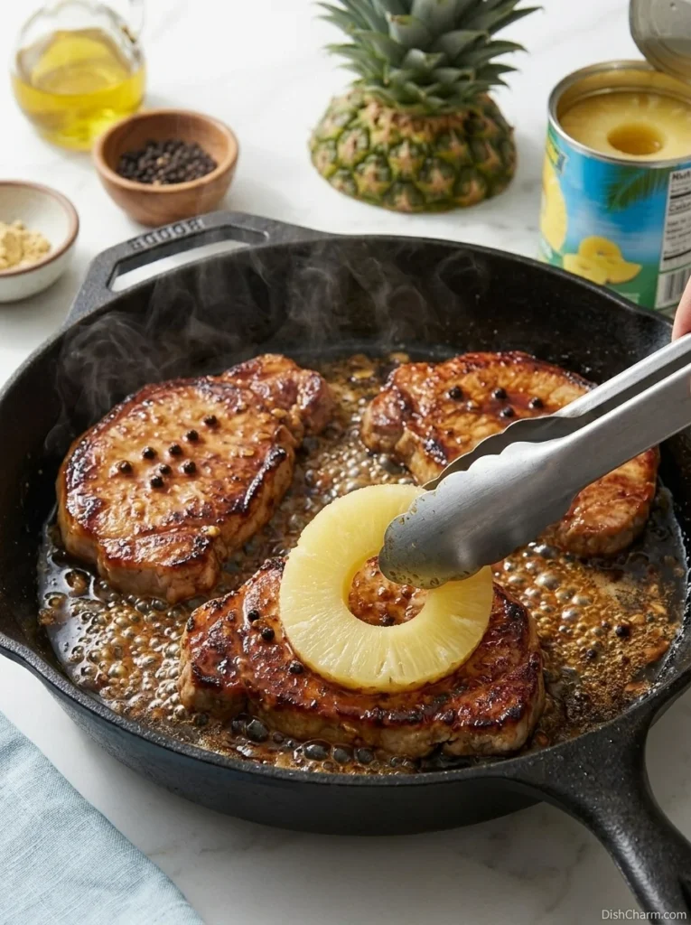 Pineapple Pork Chops 2 Pork chops searing in a cast iron skillet with a pineapple ring being placed on top, golden glaze bubbling around the edges.