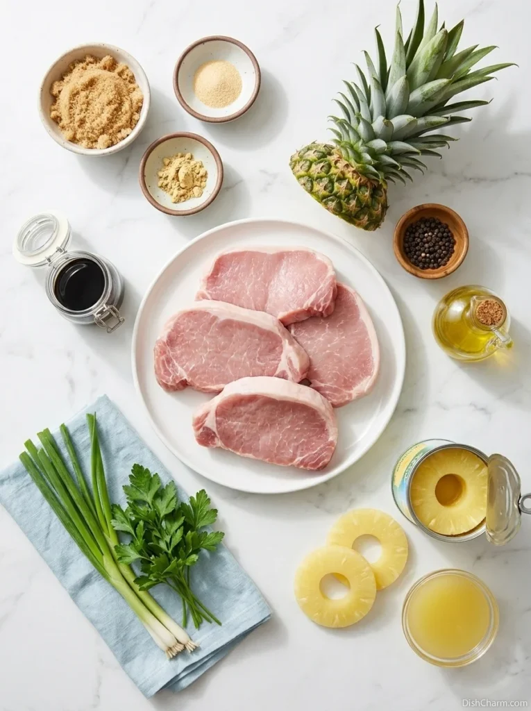 Pineapple Pork Chops 3 Overhead flat-lay of pineapple pork chop ingredients including raw pork chops, canned pineapple rings, pineapple juice, soy sauce, brown sugar, and spices on a marble surface.