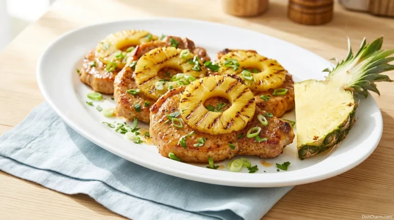 Plated pineapple pork chop with caramelized pineapple ring on a white plate served with white rice and green onion garnish.