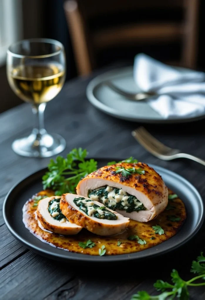 Ruths Chris Inspired Stuffed Chicken 2 A plated stuffed chicken breast sliced open to show cheese and spinach filling, garnished with parsley and sauce on a dark wooden table.