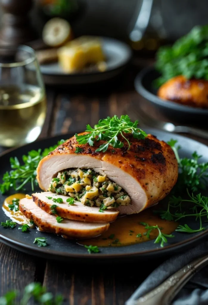 v2 12ef6a f6hxj A plated stuffed chicken breast sliced open to show the filling, garnished with herbs on a dark wooden table.