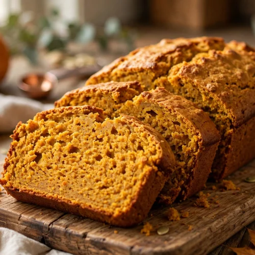 Sliced moist pumpkin loaf on a cooling rack