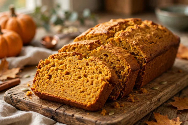 Sliced moist pumpkin loaf on a cooling rack