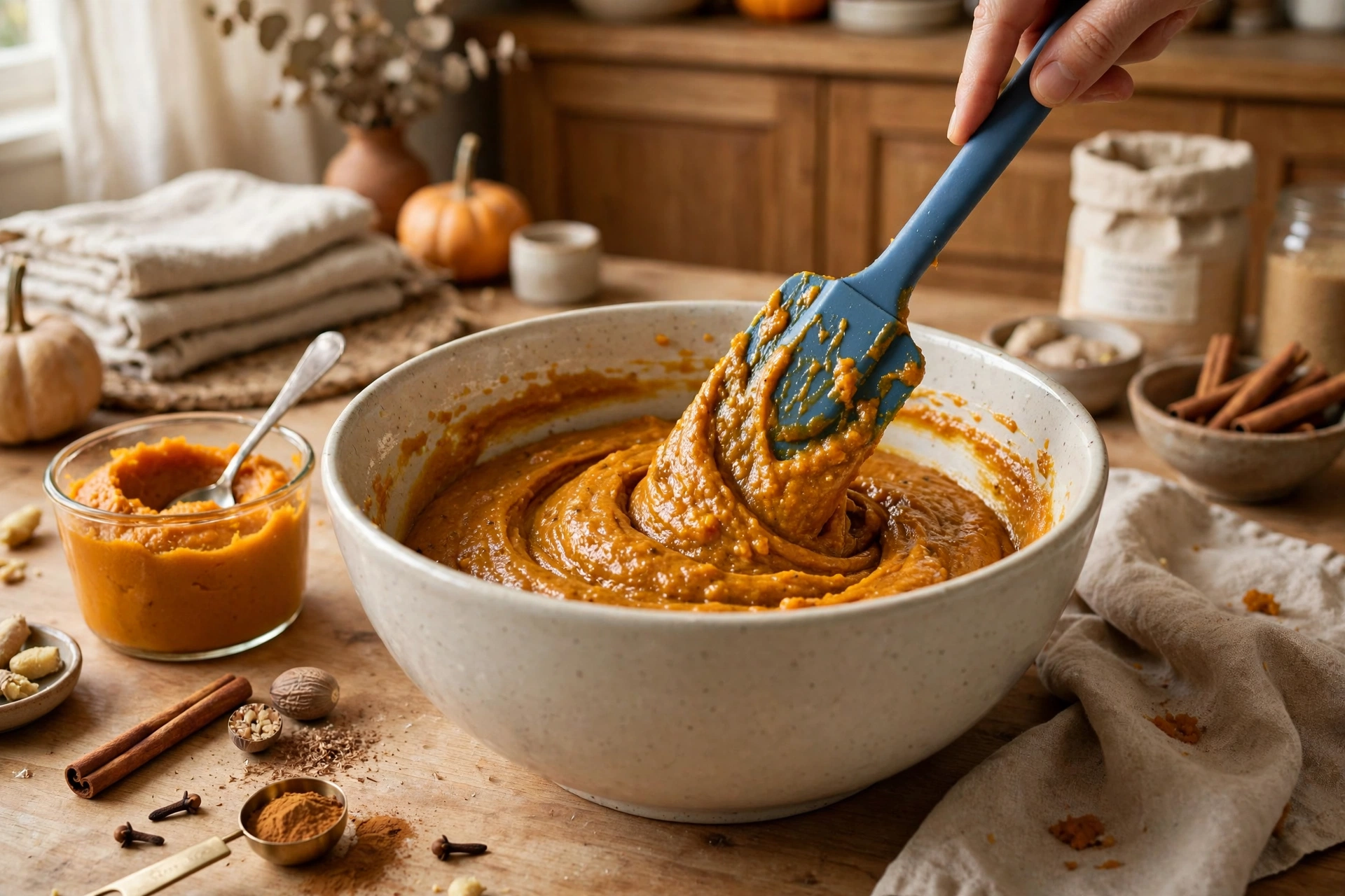 Mixing pumpkin loaf batter in a bowl