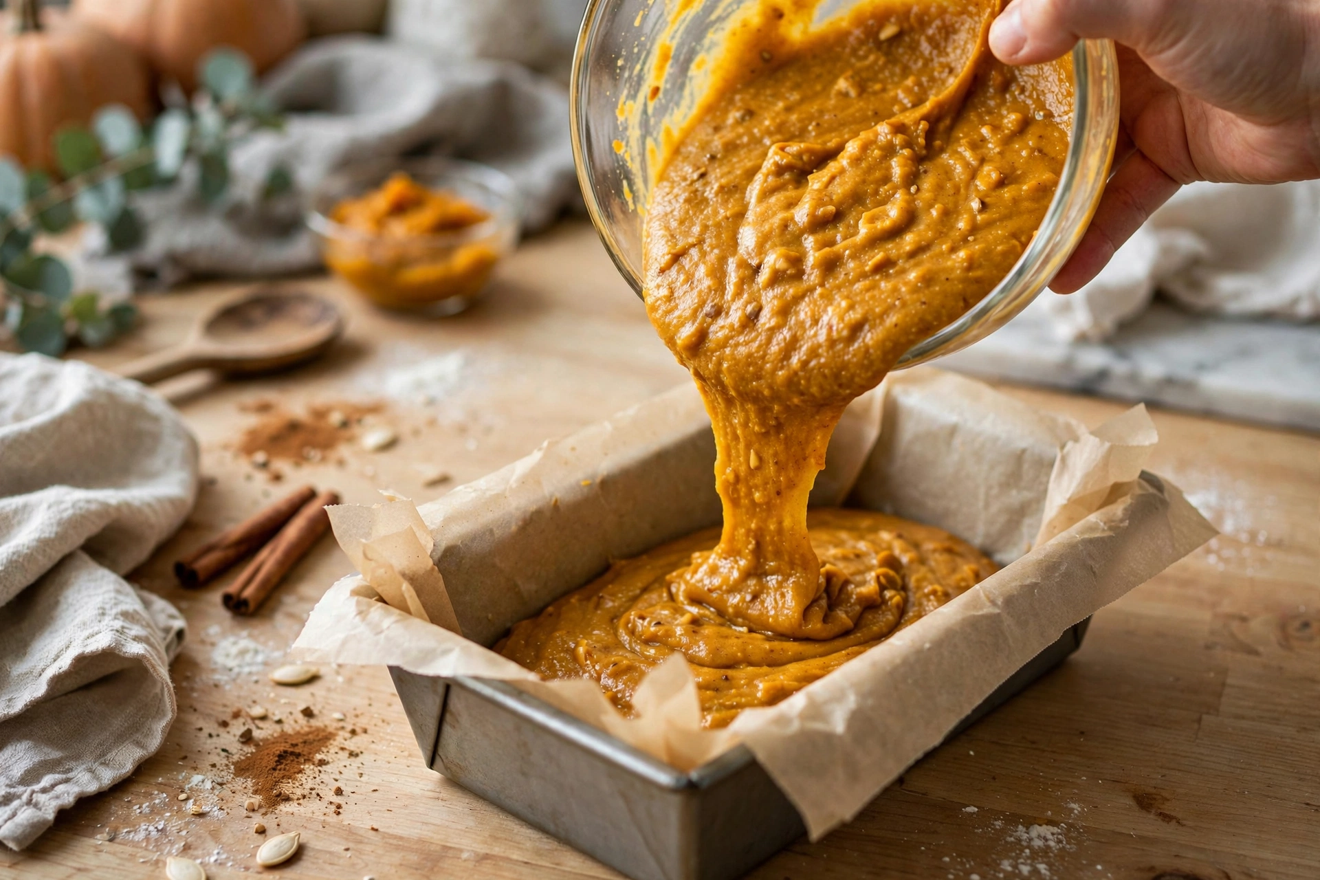 Pouring pumpkin loaf batter into a lined loaf pan