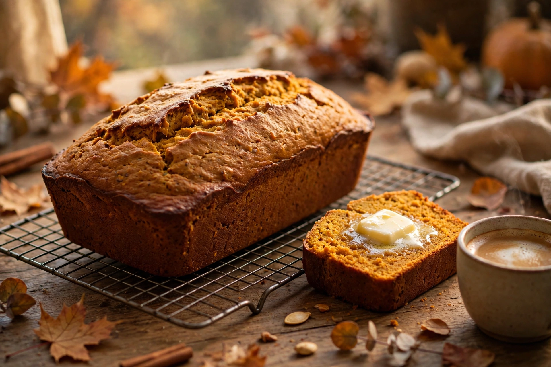 Baked pumpkin loaf with a buttered slice and coffee